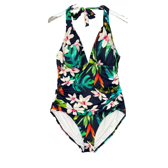 Lauren Ralph Lauren Swimsuit Womens 16 Blue Floral One Piece‎ Halter Tie Padded - Picture 1 of 14